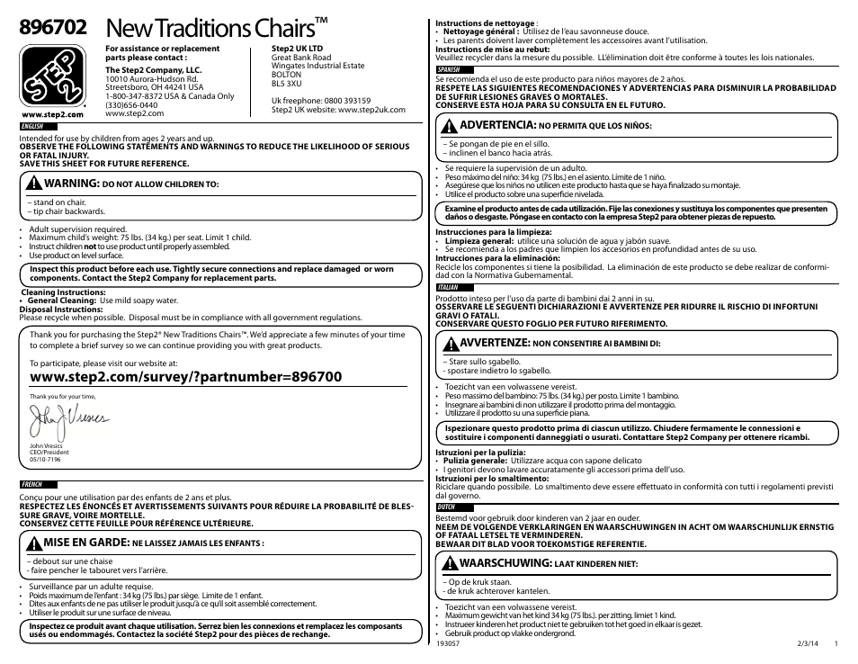 Step2 New Traditions Chairs User Manual | 2 pages