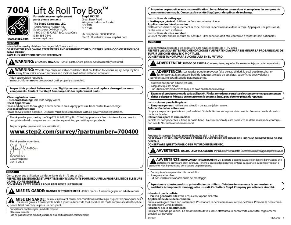 Step2 Lift & Roll Toy Box User Manual | 4 pages