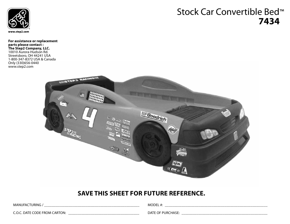 Step2 Stock Car Convertible Bed User Manual | 9 pages