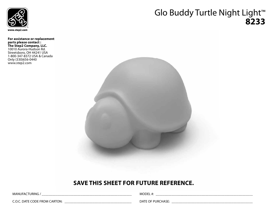 Step2 Glo Buddy Turtle Night Light User Manual | 5 pages