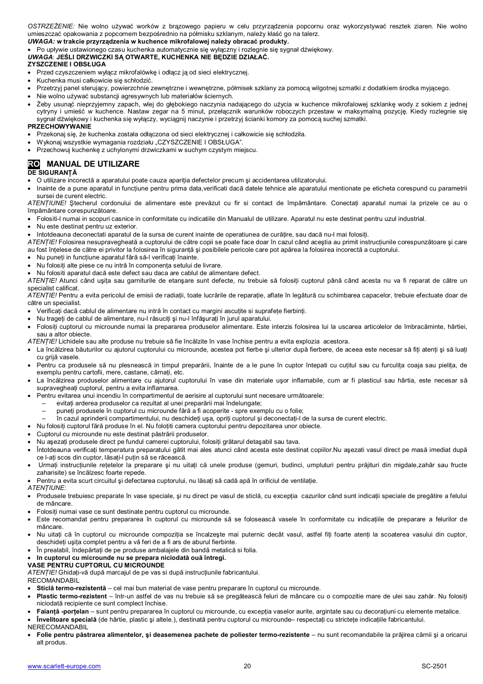 Ro manual de utilizare | Scarlett SC-2501 User Manual | Page 20 / 52