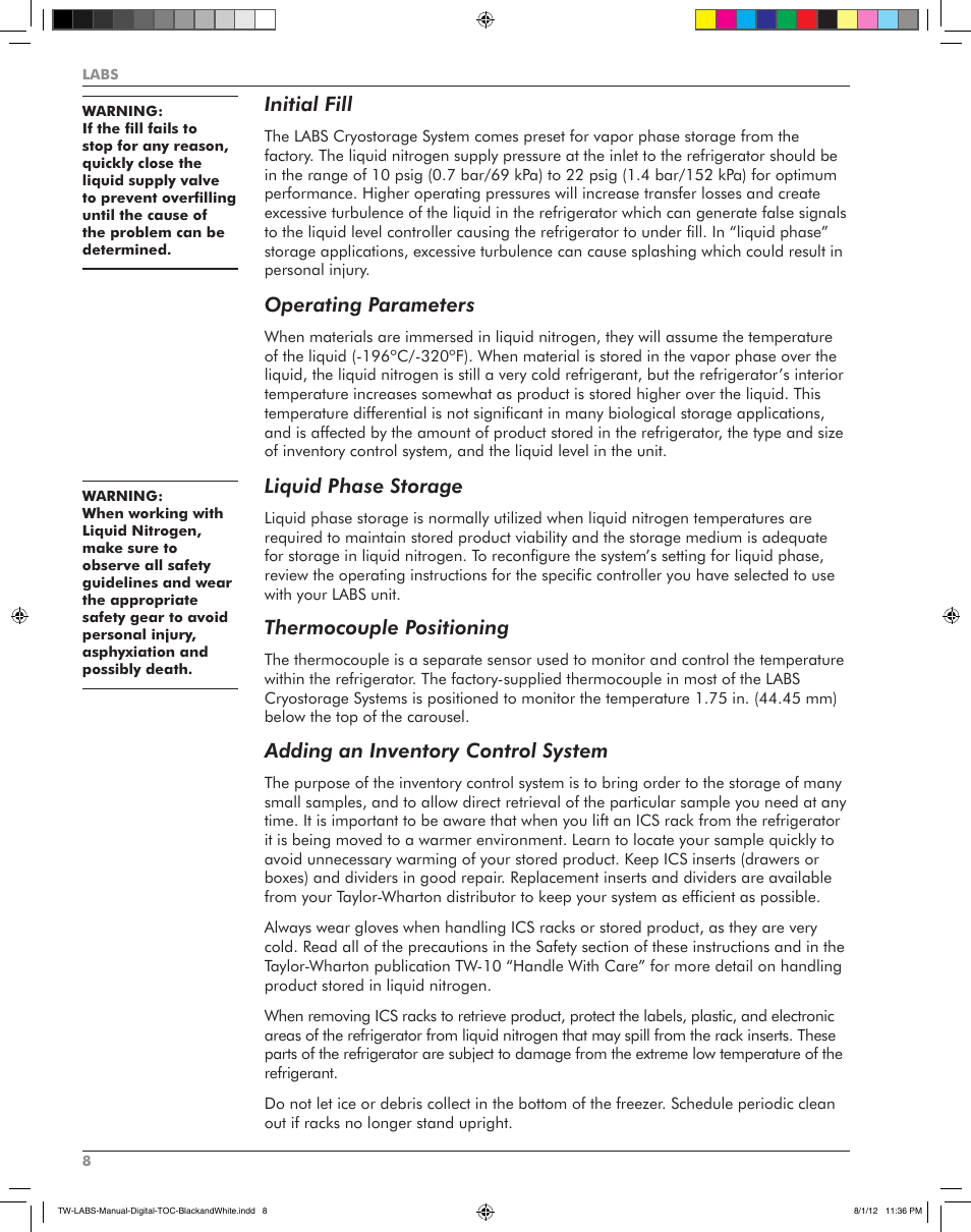 Initial fill, Operating parameters, Liquid phase storage | Thermocouple positioning, Adding an inventory control system | Taylor-Wharton LABS Series User Manual | Page 10 / 20