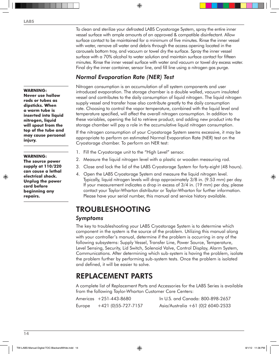 Troubleshooting, Replacement parts, Normal evaporation rate (ner) test | Symptoms | Taylor-Wharton LABS Series User Manual | Page 16 / 20