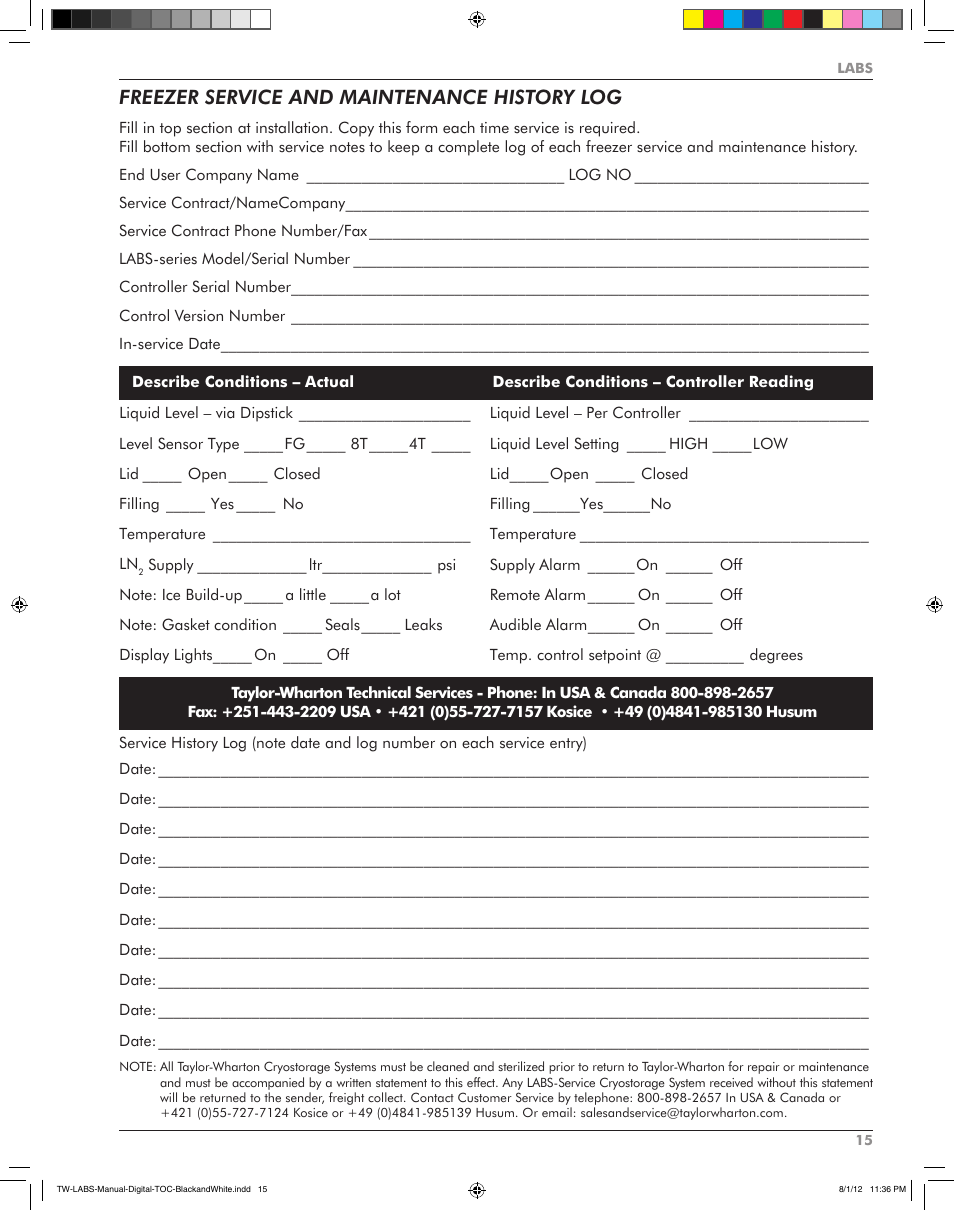 Freezer service and maintenance history log | Taylor-Wharton LABS Series User Manual | Page 17 / 20