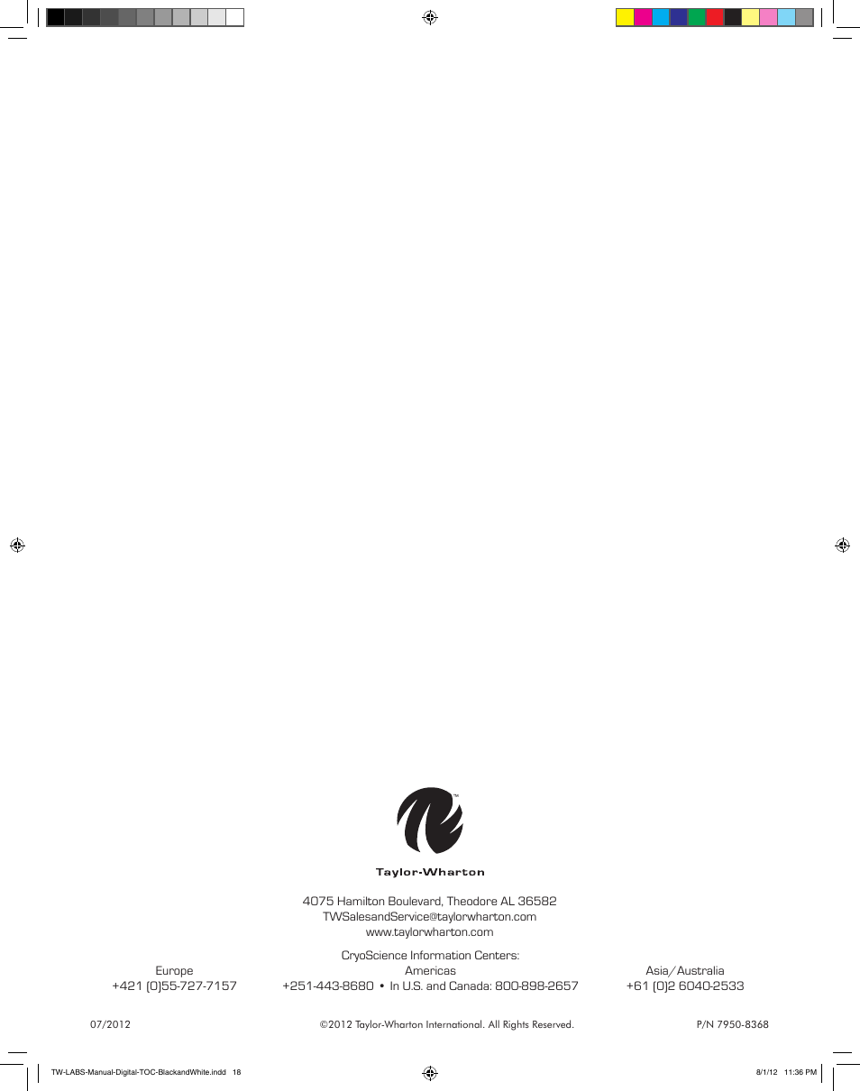 Taylor-Wharton LABS Series User Manual | Page 20 / 20