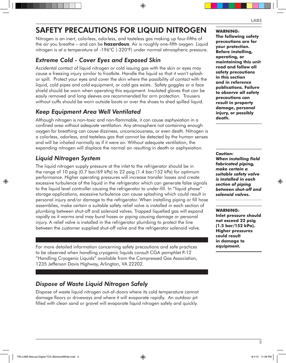 Safety precautions for liquid nitrogen, Extreme cold - cover eyes and exposed skin, Keep equipment area well ventilated | Liquid nitrogen system, Dispose of waste liquid nitrogen safely | Taylor-Wharton LABS Series User Manual | Page 5 / 20