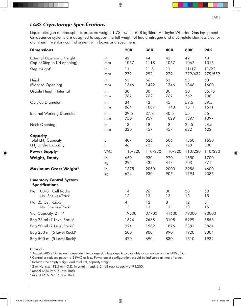 Labs cryostorage specifications | Taylor-Wharton LABS Series User Manual | Page 7 / 20