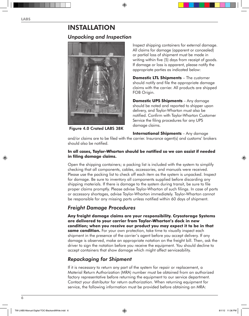 Installation, Unpacking and inspection, Freight damage procedures | Repackaging for shipment | Taylor-Wharton LABS Series User Manual | Page 8 / 20