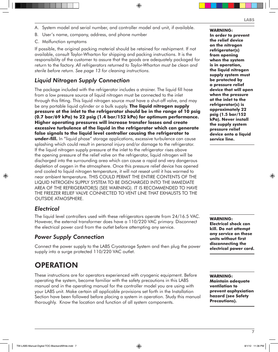 Operation, Liquid nitrogen supply connection, Electrical | Power supply connection | Taylor-Wharton LABS Series User Manual | Page 9 / 20