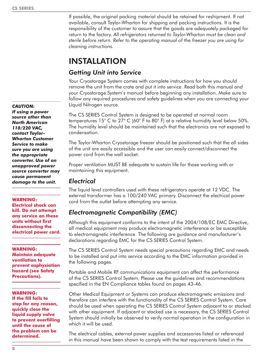 Installation, Getting unit into service, Electrical | Electromagnetic compatibility (emc) | Taylor-Wharton CS Series User Manual | Page 10 / 54