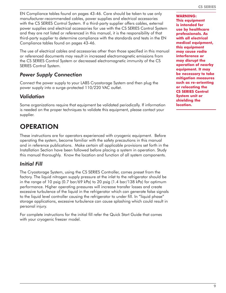 Operation, Power supply connection, Validation | Initial fill | Taylor-Wharton CS Series User Manual | Page 11 / 54