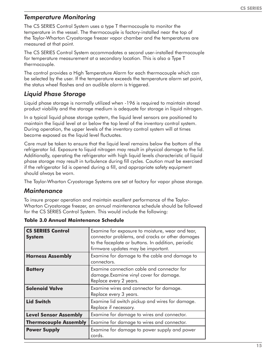 Temperature monitoring, Liquid phase storage, Maintenance | Taylor-Wharton CS Series User Manual | Page 17 / 54