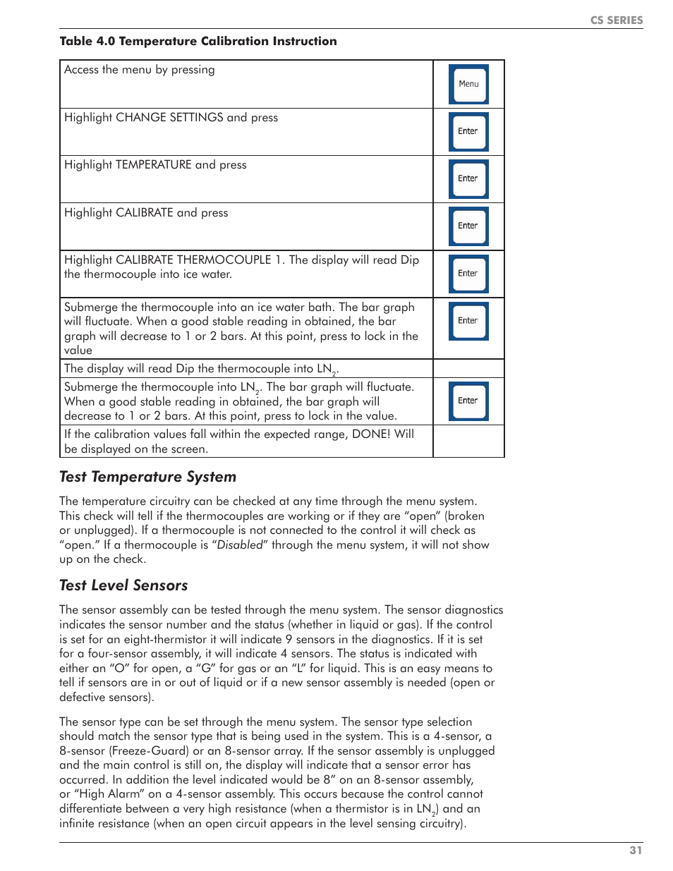 Test temperature system, Test level sensors | Taylor-Wharton CS Series User Manual | Page 33 / 54