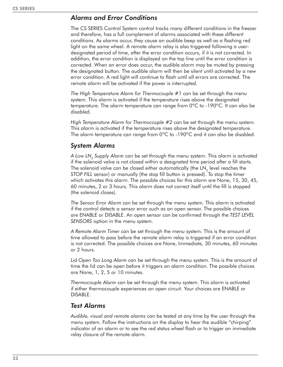 Alarms and error conditions, System alarms, Test alarms | Taylor-Wharton CS Series User Manual | Page 34 / 54