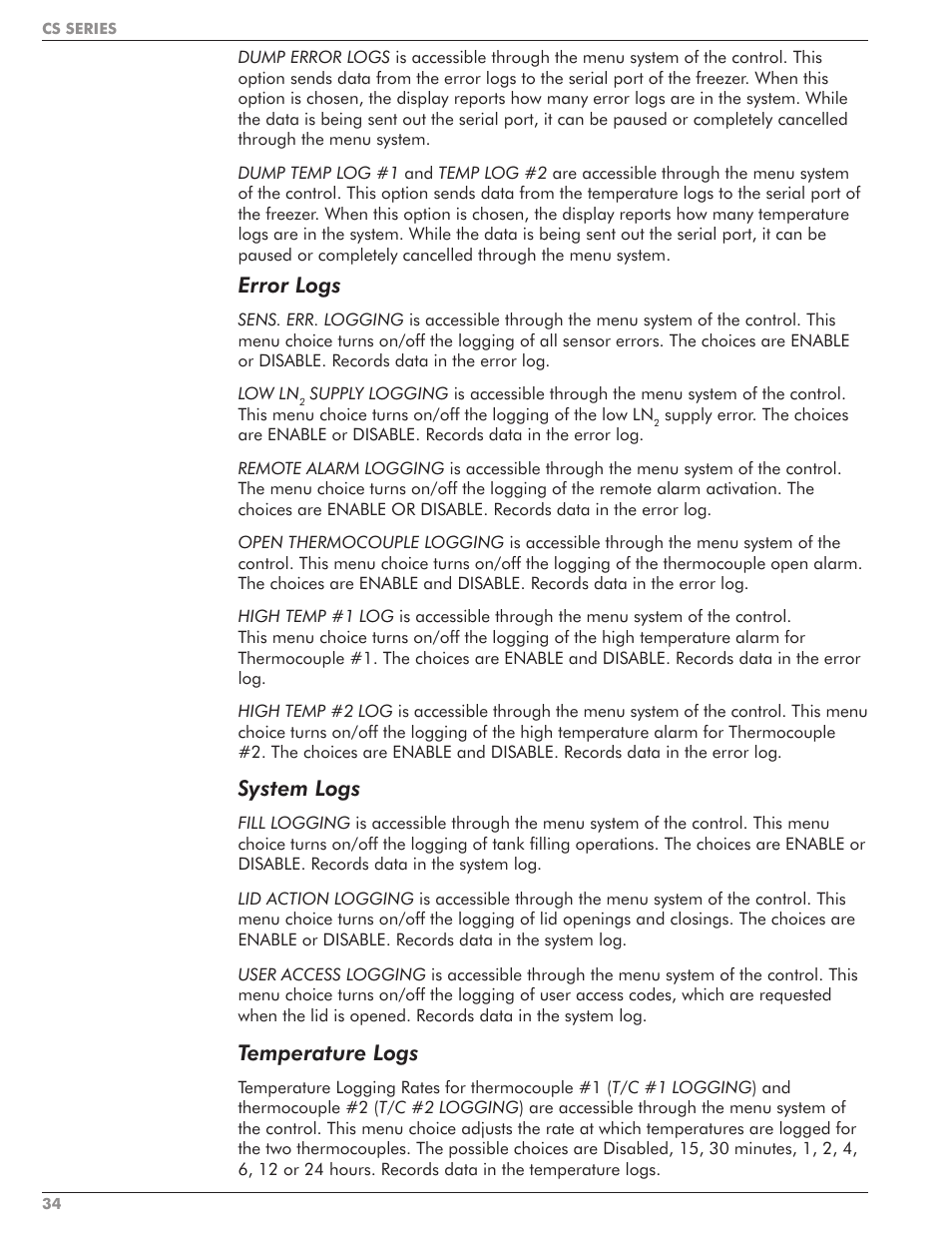 Error logs, System logs, Temperature logs | Taylor-Wharton CS Series User Manual | Page 36 / 54