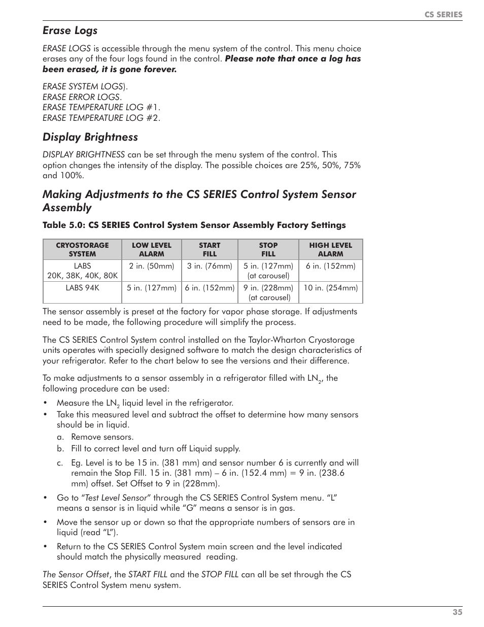 Erase logs, Display brightness | Taylor-Wharton CS Series User Manual | Page 37 / 54