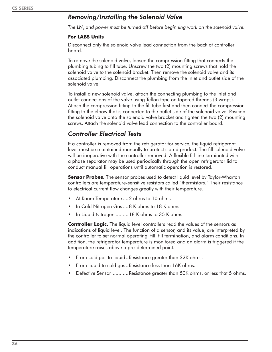 Removing/installing the solenoid valve, Controller electrical tests | Taylor-Wharton CS Series User Manual | Page 38 / 54