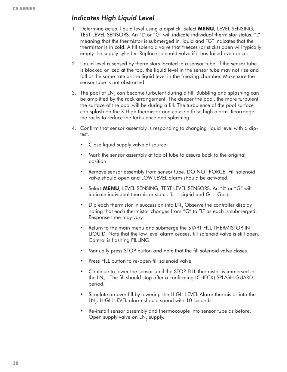 Indicates high liquid level | Taylor-Wharton CS Series User Manual | Page 40 / 54
