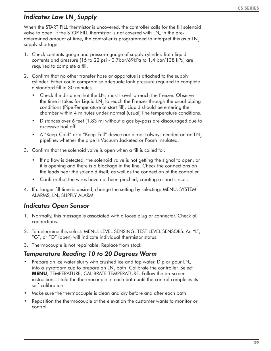 Indicates low ln, Supply, Indicates open sensor | Temperature reading 10 to 20 degrees warm | Taylor-Wharton CS Series User Manual | Page 41 / 54