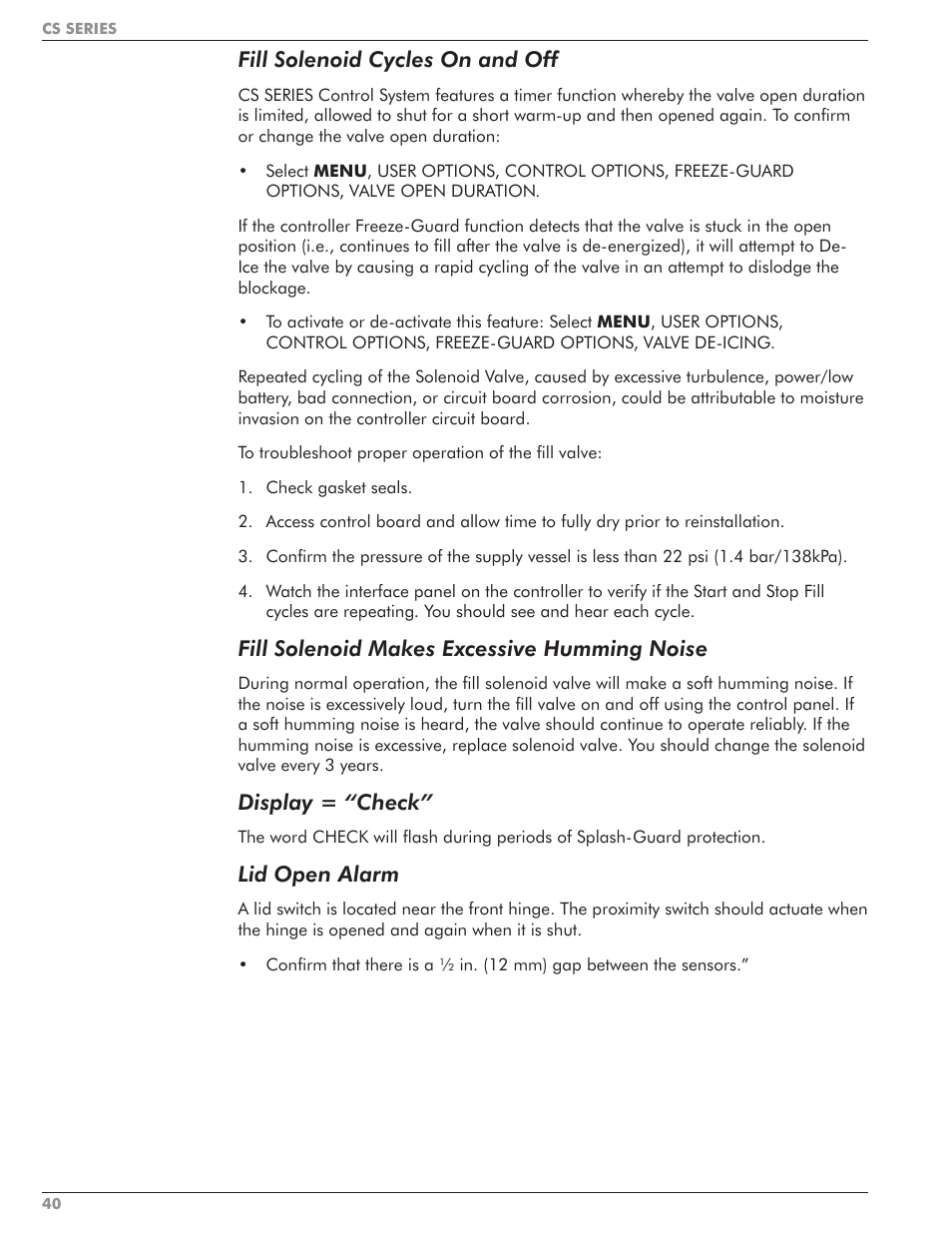 Fill solenoid cycles on and off, Fill solenoid makes excessive humming noise, Display = “check | Lid open alarm | Taylor-Wharton CS Series User Manual | Page 42 / 54