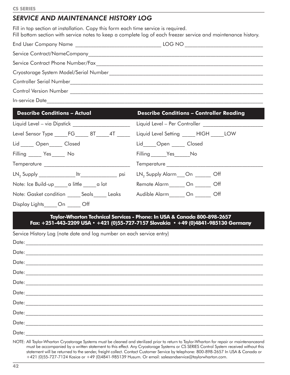 Service and maintenance history log | Taylor-Wharton CS Series User Manual | Page 44 / 54