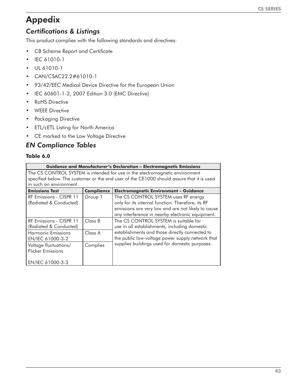 Appedix, Certifications & listings, En compliance tables | Taylor-Wharton CS Series User Manual | Page 45 / 54