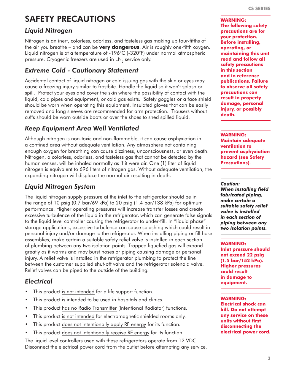 Safety precautions, Liquid nitrogen, Extreme cold - cautionary statement | Keep equipment area well ventilated, Liquid nitrogen system, Electrical | Taylor-Wharton CS Series User Manual | Page 5 / 54