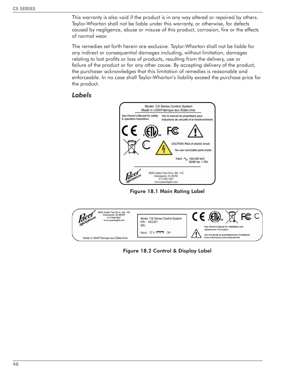 Labels | Taylor-Wharton CS Series User Manual | Page 50 / 54