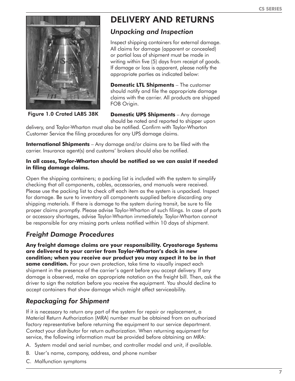 Delivery and returns | Taylor-Wharton CS Series User Manual | Page 9 / 54