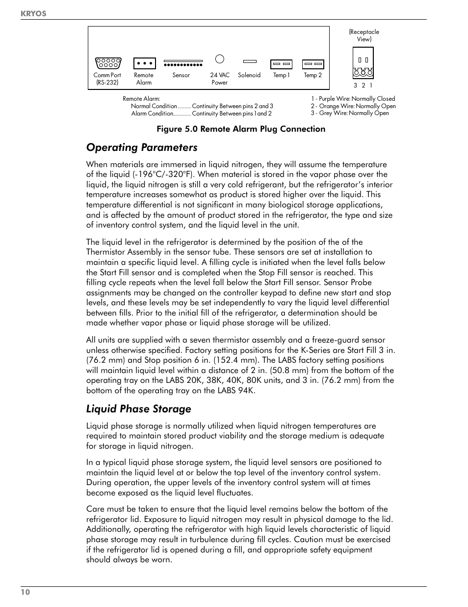 Operating parameters, Liquid phase storage | Taylor-Wharton KRYOS Controller User Manual | Page 12 / 40
