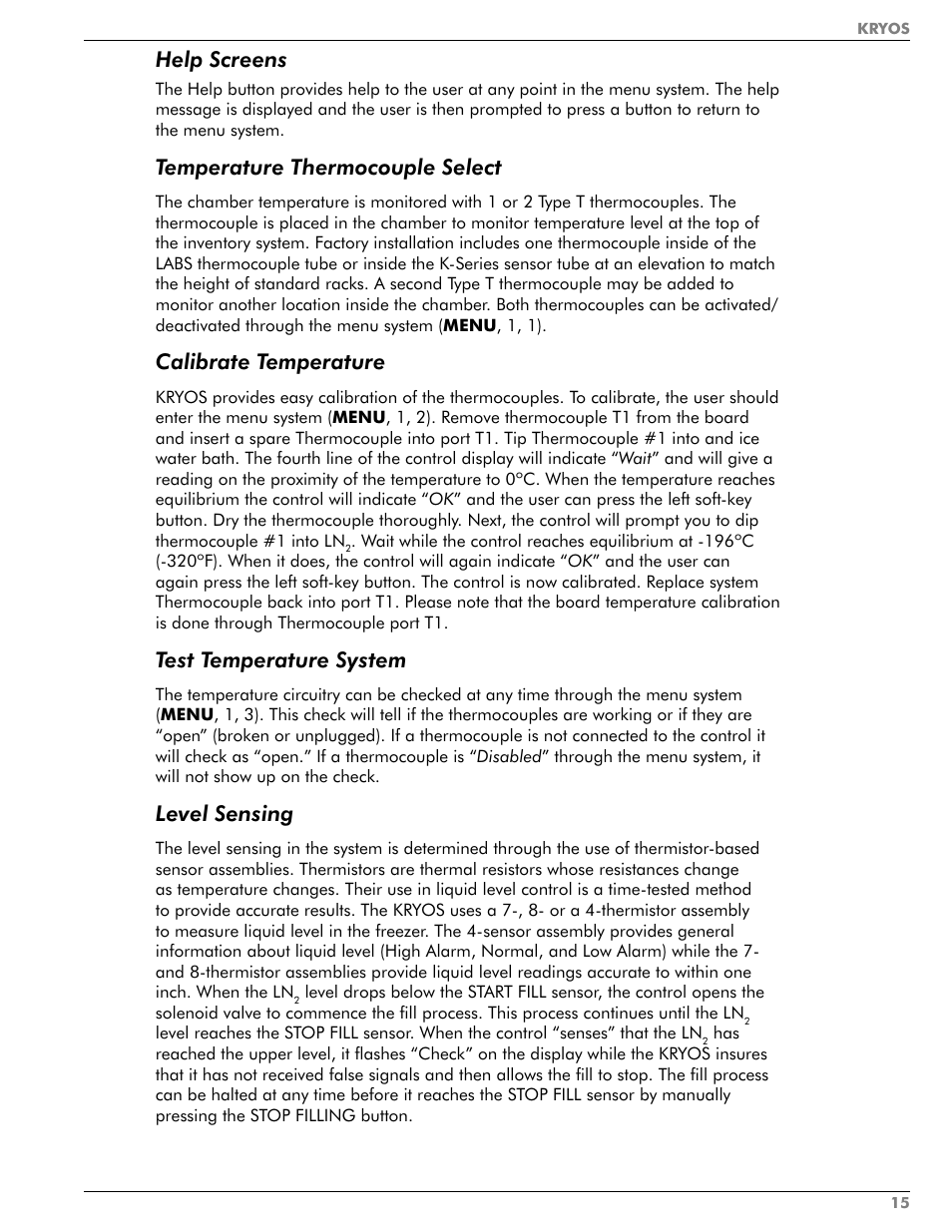 Help screens, Temperature thermocouple select, Calibrate temperature | Test temperature system, Level sensing | Taylor-Wharton KRYOS Controller User Manual | Page 17 / 40