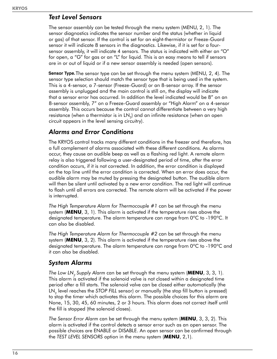 Test level sensors, Alarms and error conditions, System alarms | Taylor-Wharton KRYOS Controller User Manual | Page 18 / 40