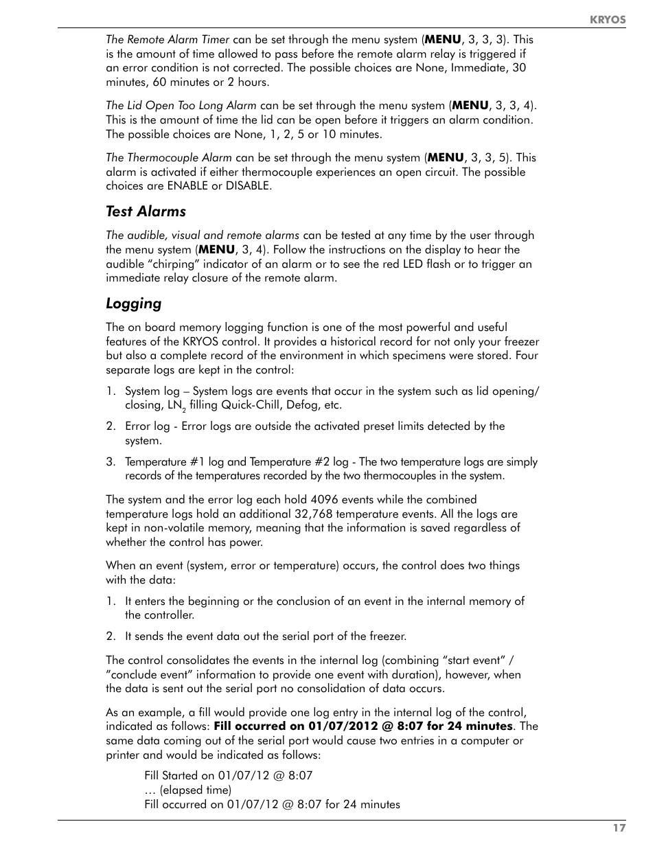 Test alarms, Logging | Taylor-Wharton KRYOS Controller User Manual | Page 19 / 40