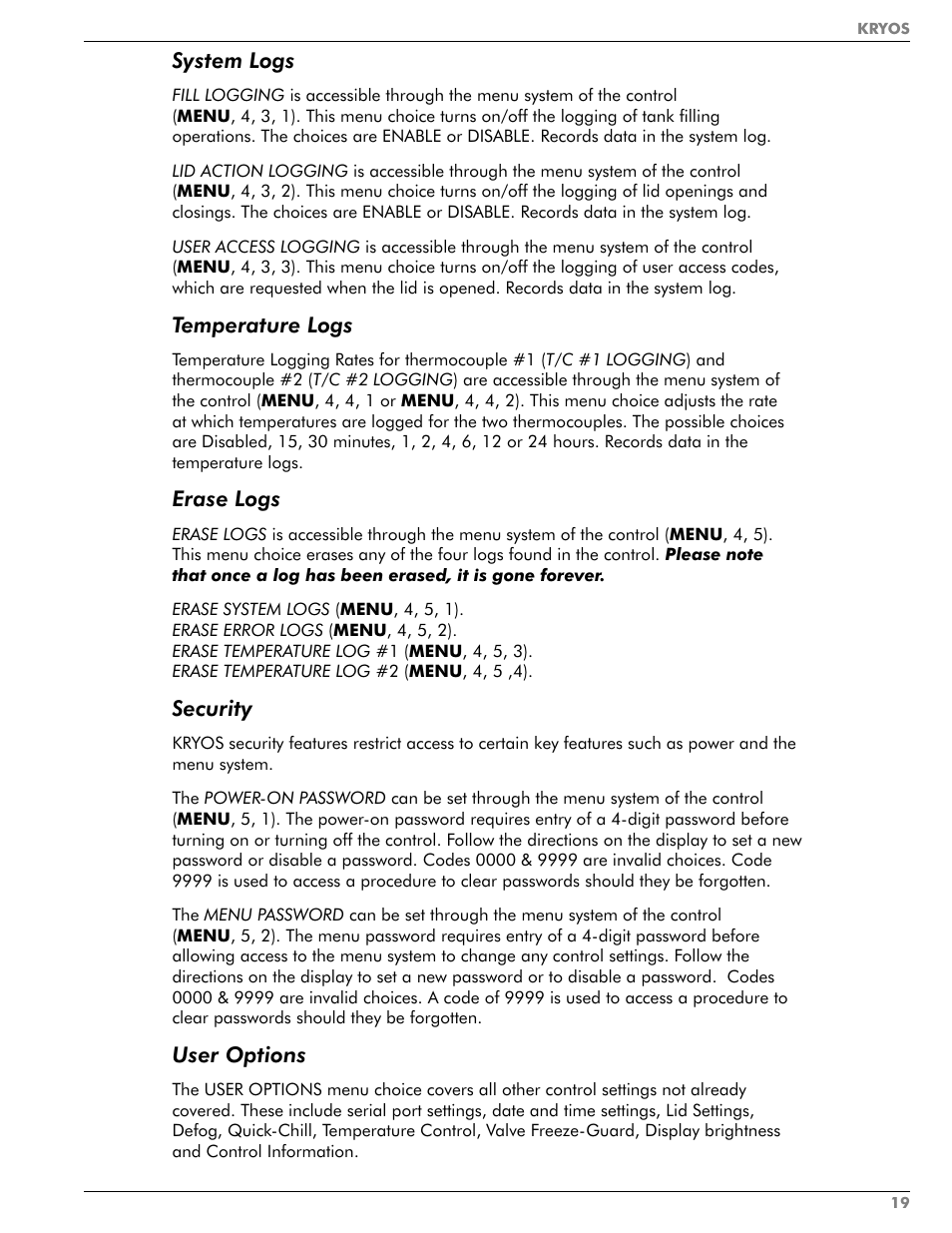 System logs, Temperature logs, Erase logs | Security, User options | Taylor-Wharton KRYOS Controller User Manual | Page 21 / 40