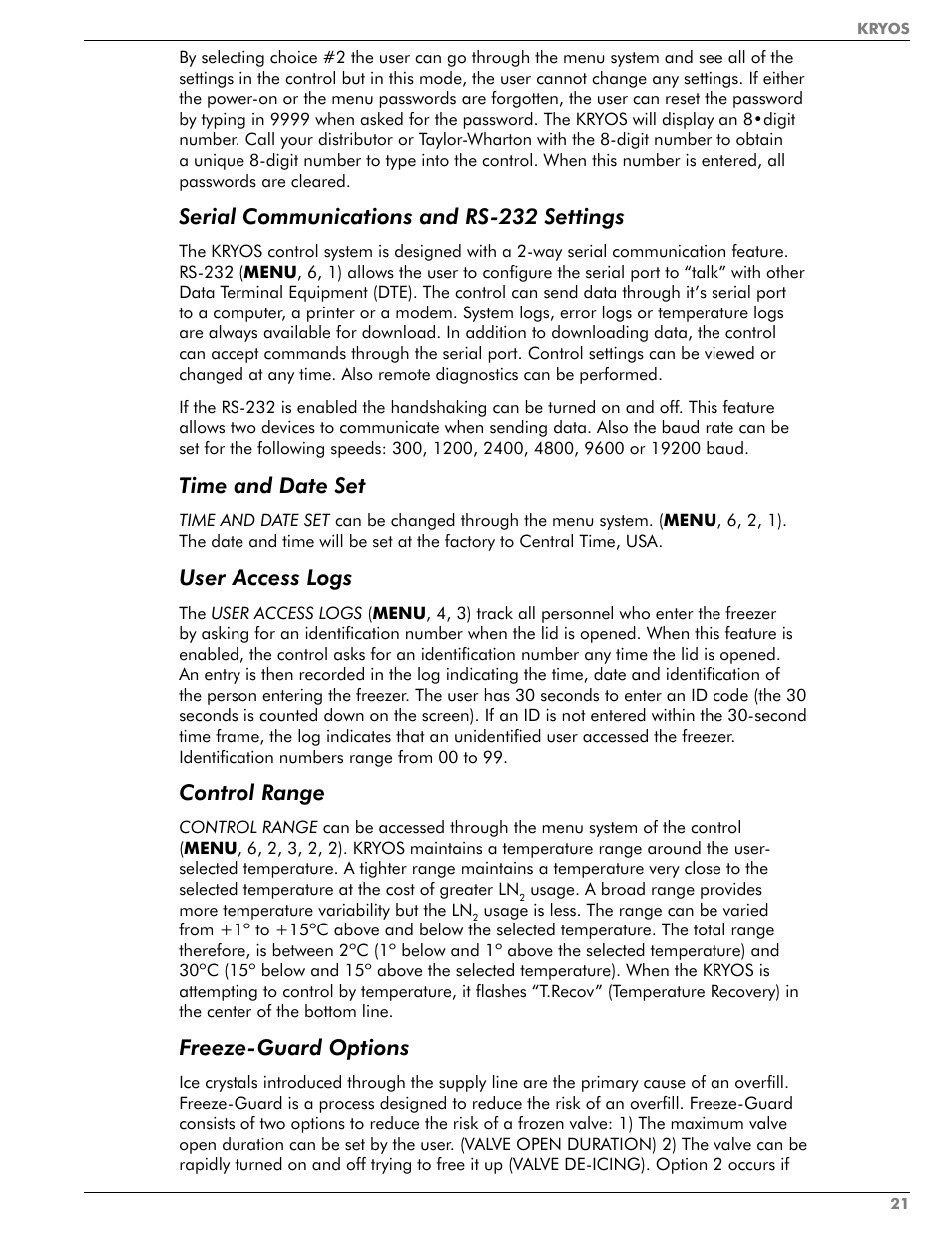 Serial communications and rs-232 settings, Time and date set, User access logs | Control range, Freeze-guard options | Taylor-Wharton KRYOS Controller User Manual | Page 23 / 40