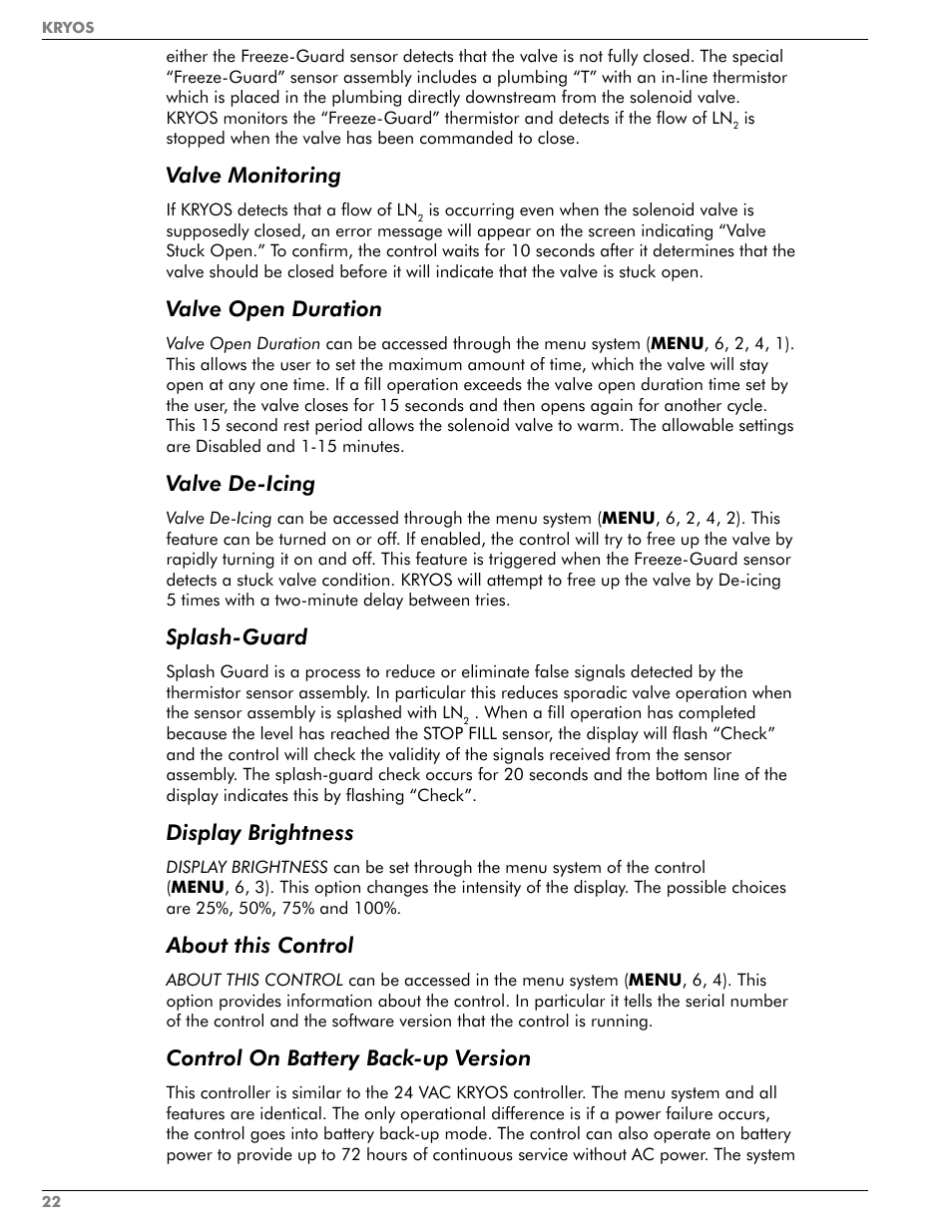 Valve monitoring, Valve open duration, Valve de-icing | Splash-guard, Display brightness, About this control, Control on battery back-up version | Taylor-Wharton KRYOS Controller User Manual | Page 24 / 40