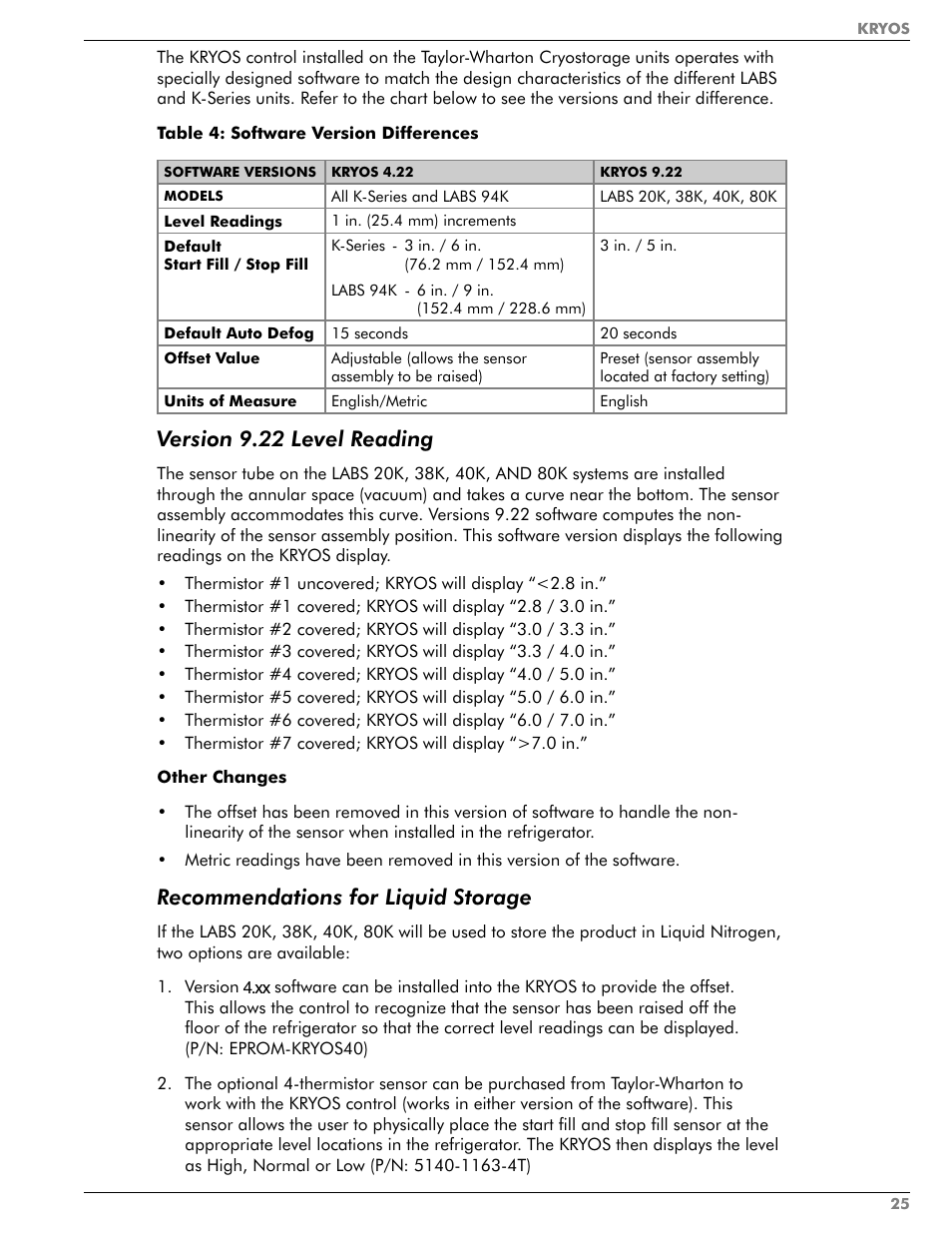 Version 9.22 level reading, Recommendations for liquid storage | Taylor-Wharton KRYOS Controller User Manual | Page 27 / 40