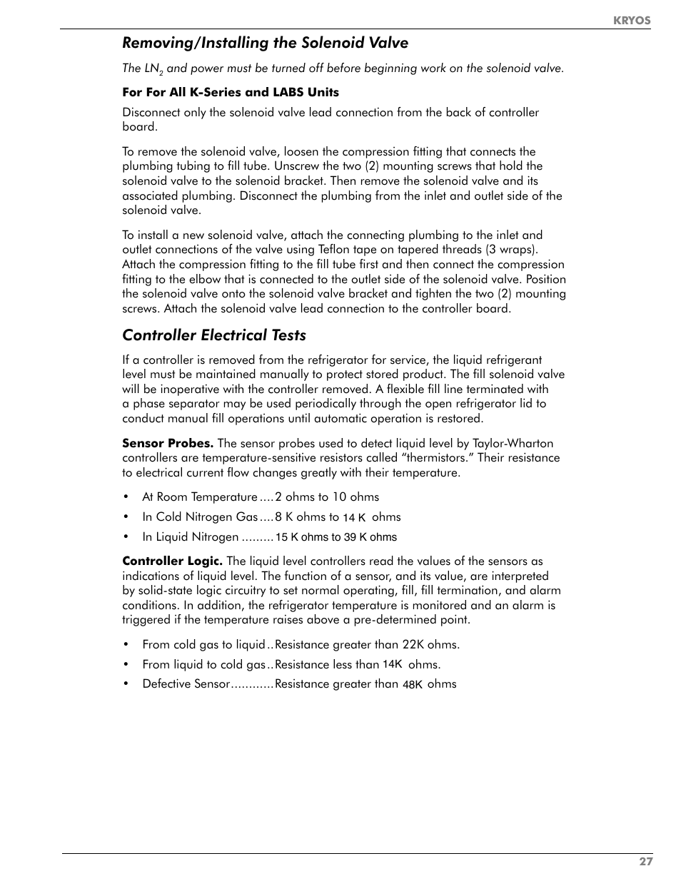 Removing/installing the solenoid valve, Controller electrical tests | Taylor-Wharton KRYOS Controller User Manual | Page 29 / 40