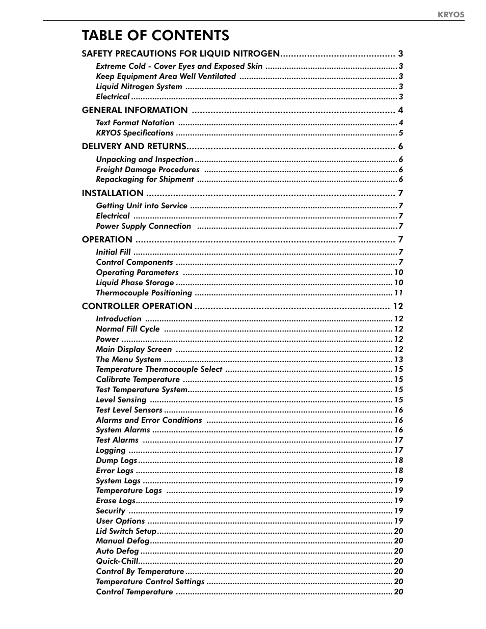 Taylor-Wharton KRYOS Controller User Manual | Page 3 / 40