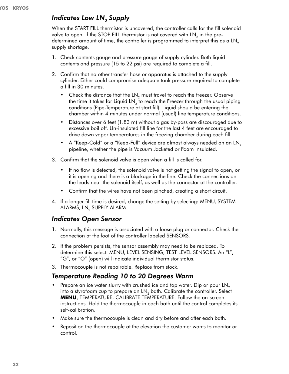 Indicates low ln, Supply, Indicates open sensor | Temperature reading 10 to 20 degrees warm | Taylor-Wharton KRYOS Controller User Manual | Page 34 / 40