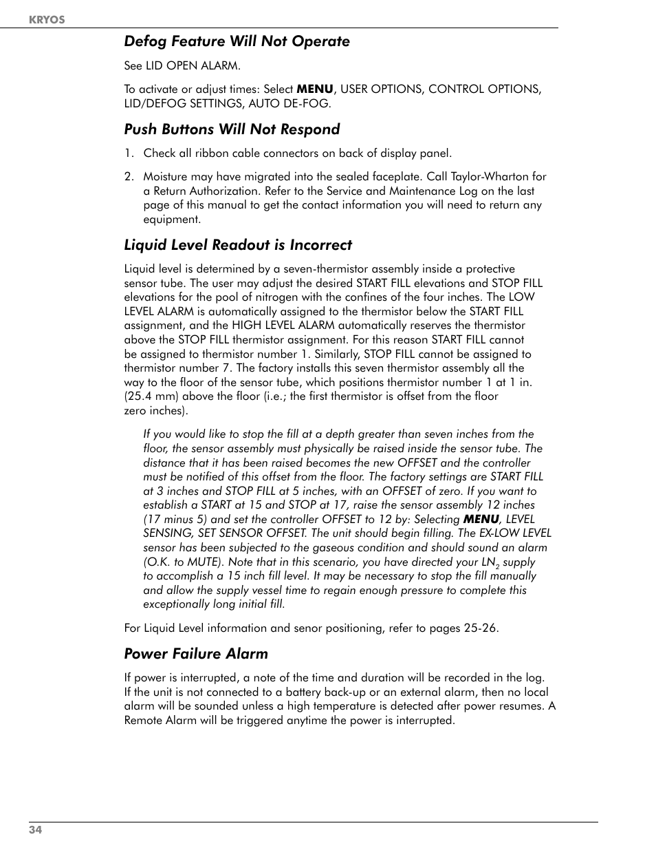 Defog feature will not operate, Push buttons will not respond, Liquid level readout is incorrect | Power failure alarm | Taylor-Wharton KRYOS Controller User Manual | Page 36 / 40