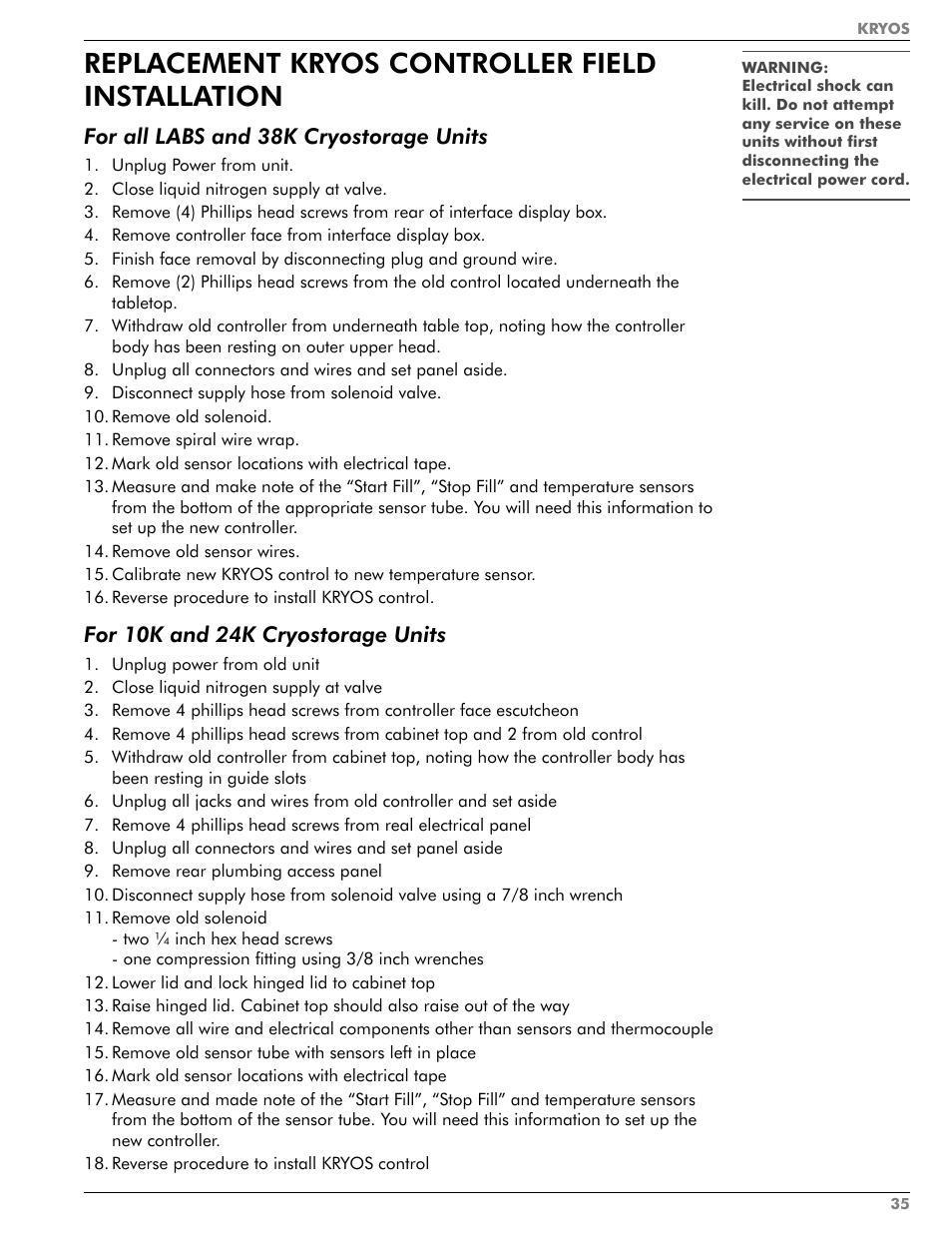 Replacement kryos controller field installation, For all labs and 38k cryostorage units, For 10k and 24k cryostorage units | Taylor-Wharton KRYOS Controller User Manual | Page 37 / 40