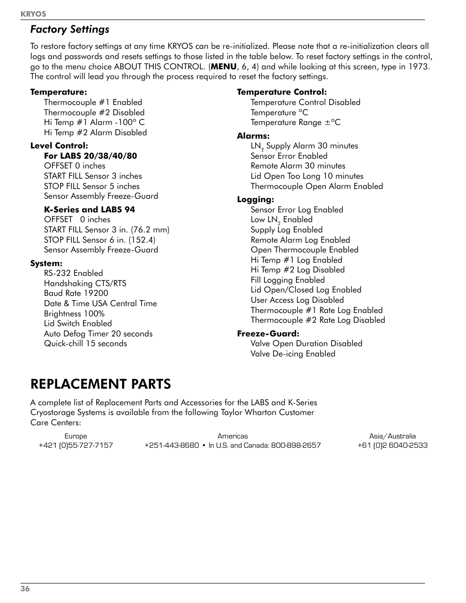 Replacement parts, Factory settings | Taylor-Wharton KRYOS Controller User Manual | Page 38 / 40