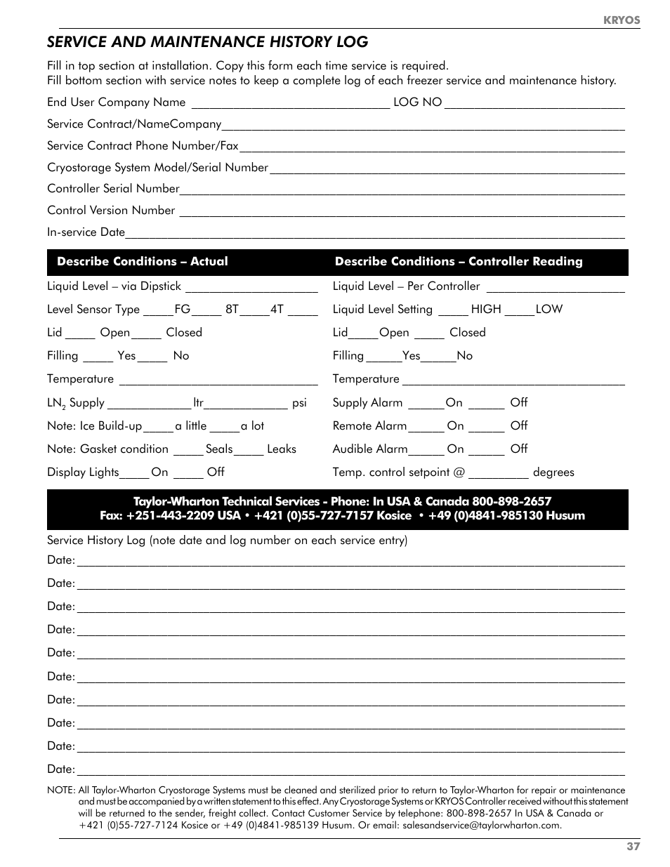 Service and maintenance history log | Taylor-Wharton KRYOS Controller User Manual | Page 39 / 40