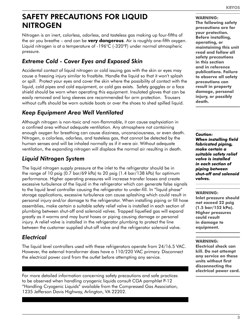 Safety precautions for liquid nitrogen, Extreme cold - cover eyes and exposed skin, Keep equipment area well ventilated | Liquid nitrogen system, Electrical | Taylor-Wharton KRYOS Controller User Manual | Page 5 / 40
