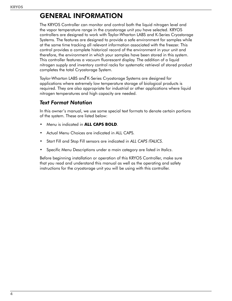 General information, Text format notation, Kryos specifications | Taylor-Wharton KRYOS Controller User Manual | Page 6 / 40