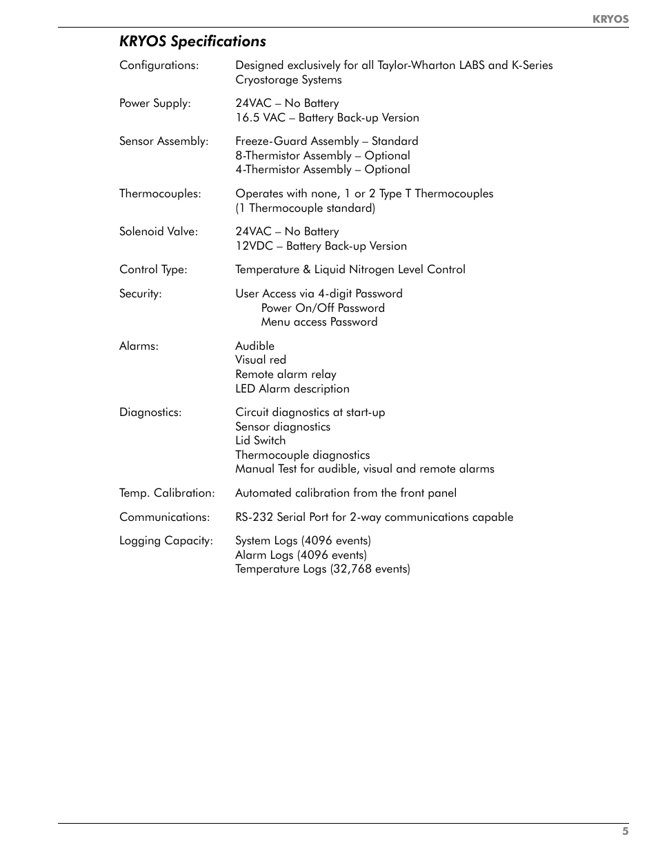 Kryos specifications | Taylor-Wharton KRYOS Controller User Manual | Page 7 / 40