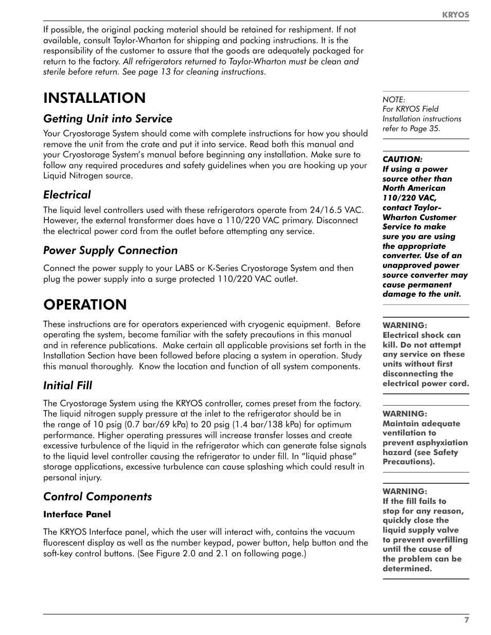 Installation, Operation, Getting unit into service | Electrical, Power supply connection, Initial fill, Control components | Taylor-Wharton KRYOS Controller User Manual | Page 9 / 40