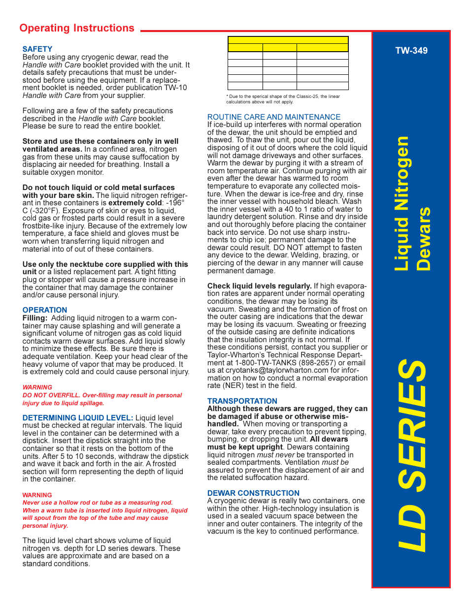 Taylor-Wharton LD Series User Manual | 2 pages