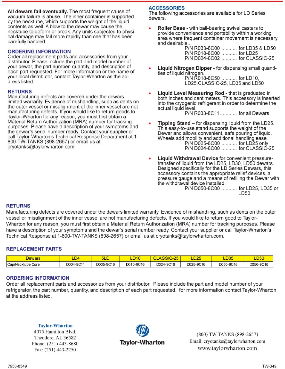 Tw-349-2 | Taylor-Wharton LD Series User Manual | Page 2 / 2
